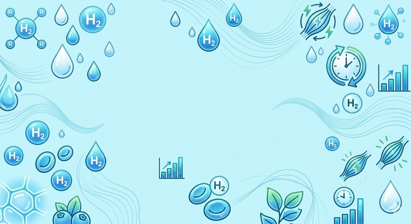 Decorative pattern of water droplets and molecular hydrogen (H2) bubbles on a light blue background