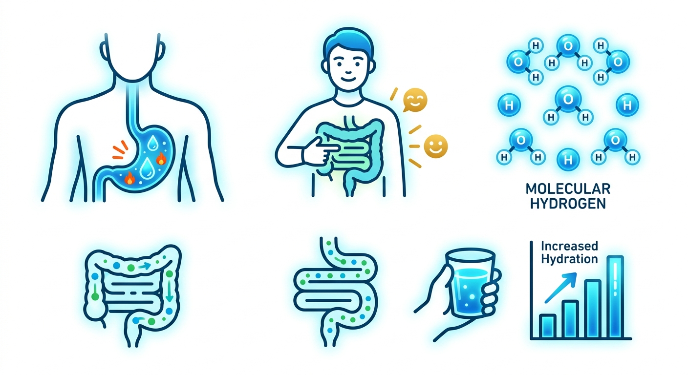 Infographic summarizing the six benefits of healthy alkaline water: pH balance, hydration, energy, antioxidant properties, digestion, and detoxification